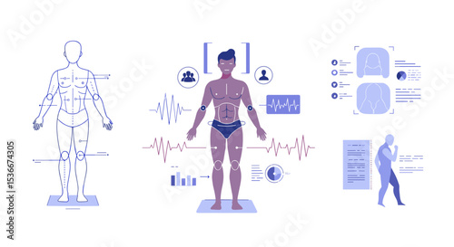 Body analysis infographic with male figure and health metrics