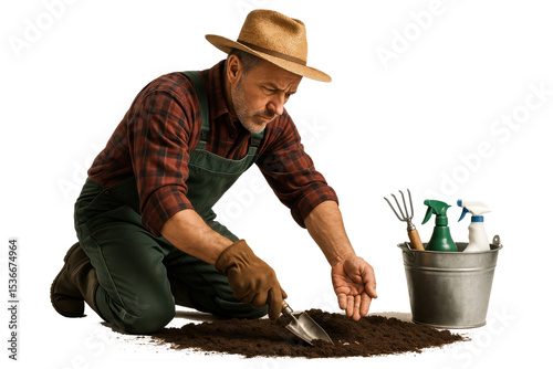 Farmer kneeling while planting seeds in soil with gardening tools, PNG