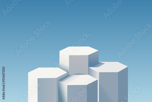 White geometric podium product with sky background, 3d white pedestal for product display or presentation, 4 hexagonal show pedestal stage with sky backdrop, vector illustration EPS10.