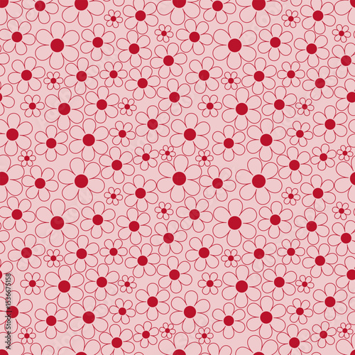 Seamless floral pattern with simple red daisy flowers on a soft pink background. Cute and minimal design for textiles, wallpapers, wrapping paper, and kids’ decor.