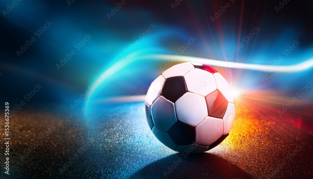Naklejka premium vibrant soccer ball on glowing surface with dynamic light effects