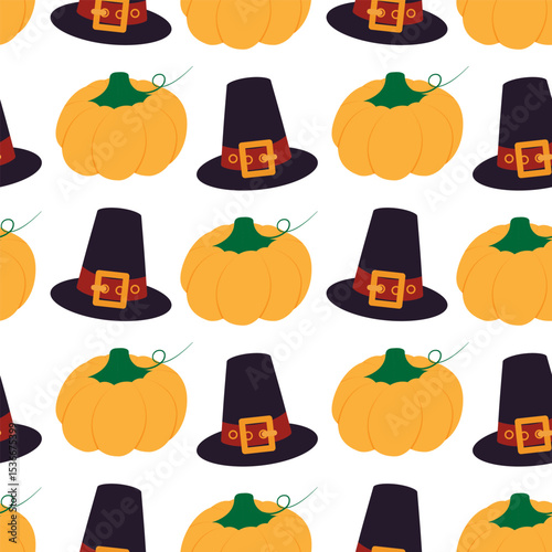 Hand Drawn Pilgrim Hat and pumpkin with tendril Seamless Pattern Thanksgiving Minimalist Background