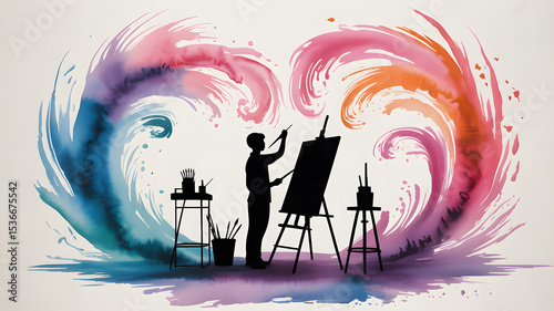 Silhouette Artist Painting Colorful Abstract Swirls on Canvas with Brush and Watercolor Illustration