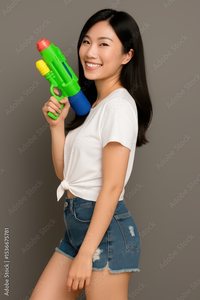 Happy woman in white T-shirt, posing confidently during Songkran Festival Happy woman in white T-shirt, posing confidently during Songkran Festival