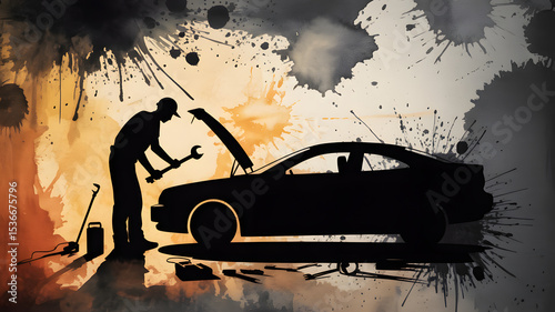 Silhouette of Mechanic Repairing Car Engine with Tools Against an Artistic Splatter Background