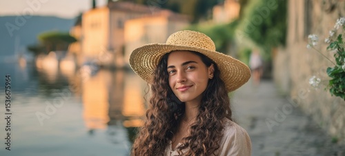The serene woman adorned with a straw hat near a tranquil lakeside.