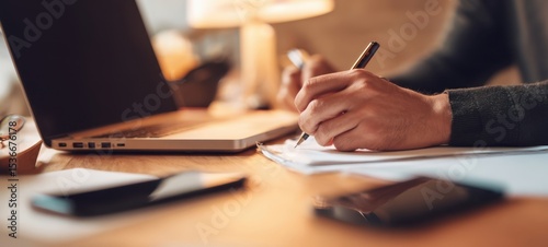 The focused hand writing notes next to a laptop in a cozy workspace.