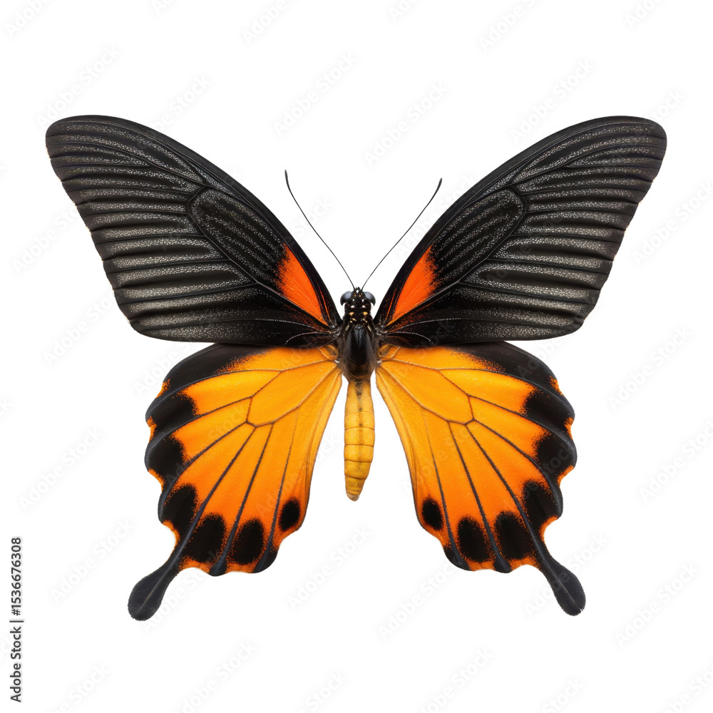 Fototapeta premium Vibrant Butterfly with Black Wings and Orange Body on White Background Displaying Nature's Beauty and Detail Transparent background or png