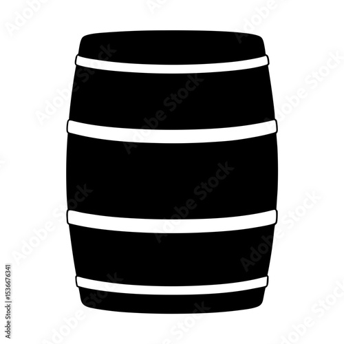Black and white illustration of a vintage wooden barrel with bands