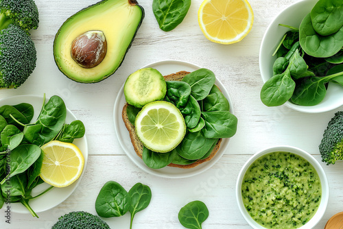 A Selection of Fresh Vegetables and Meals, Including Avocado Toast, Spinach, Broccoli, and a Bowl of Soup, Artisticall... with Professional Detail