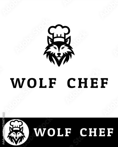 A creative wolf chef logo design featuring a wolf head wearing a chef hat in black and white 