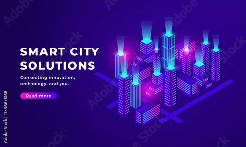 Isometric Smart City at Night with Neon Lights and Futuristic Skyscrapers.