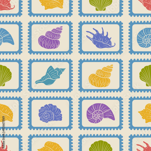 Seamless pattern with hand-drawn seashells and linear frames. Ideal for packaging, wrapping paper, fabric, stationery, and textile design. Vector illustration.
