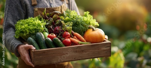 The bountiful harvest of fresh vegetables in a wooden basket.