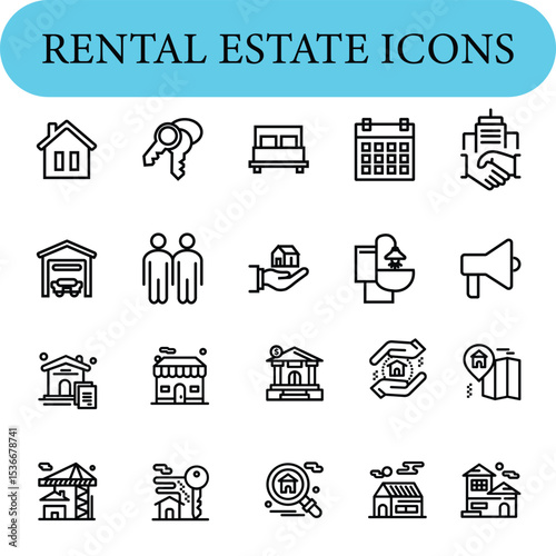 A set of rental estate icons includes various symbols related to real estate and property renting. Icons depict a house, keys, bed, calendar, handshake, garage, tenants, hand holding a house, faucet, 
