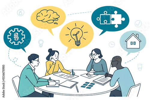 Diverse team collaborating at a round table brainstorming solutions and generating innovative ideas and strategies