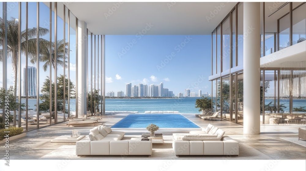 Fototapeta premium Luxurious waterfront living area with expansive views.