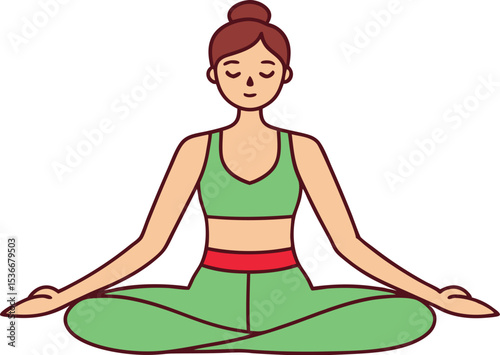 Yoga Pose Illustration: Cross-Legged Meditation in Green Outfit