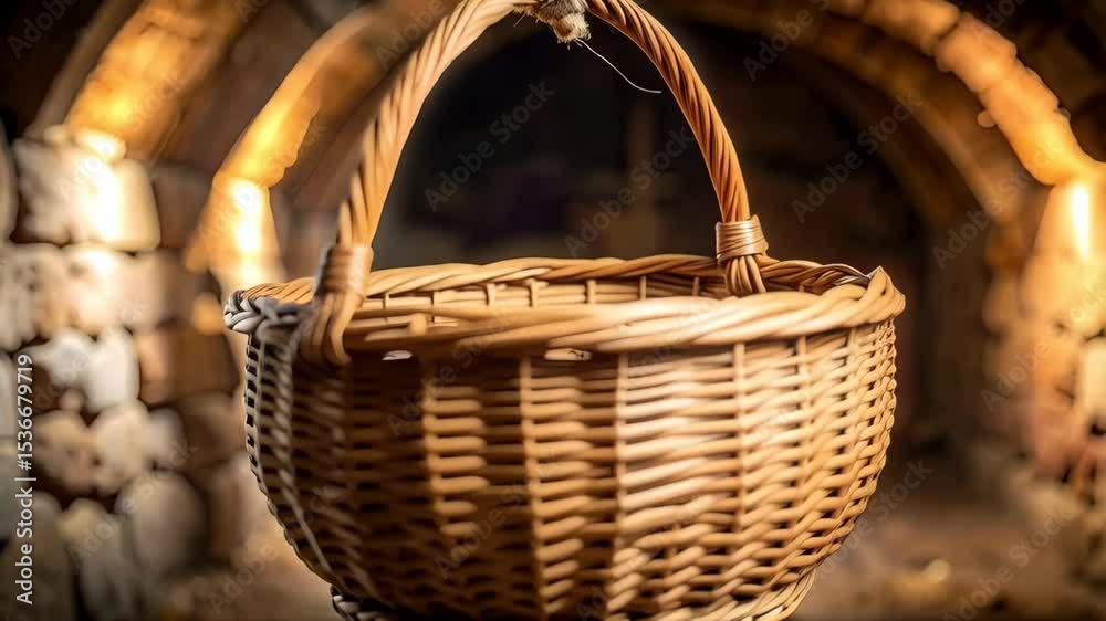 Woven wicker basket hangs from a rope inside of a stone archway with illumination, creating a rustic and textured composition.