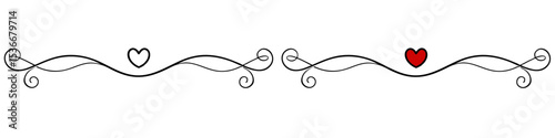 Decorative swirls with hearts in black and red for romantic themes, isolated vector separator for text, for postcards and typography, transparent background, two variants - outline and two colors  