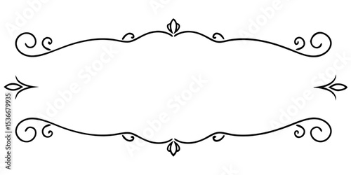 Ornamental frame with tapering lines and swirl designs, isolated vector separator for text, for postcards and typography, transparent background  