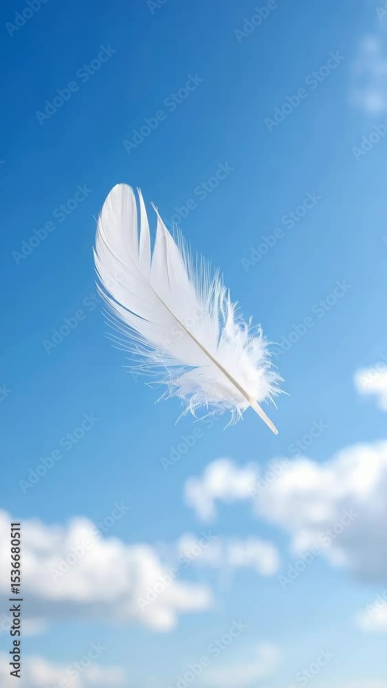 Gentle white feather floats against a bright blue sky with soft, fluffy cumulus clouds, creating a light and airy feel Gentle white feather floats against a bright blue sky with soft, fluffy cumulus clouds, creating a light and airy feel