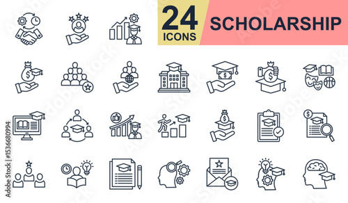 Scholarship Icons set vector illustration. Containing dedication, university, tuition, endowment, studying and more. Simple line icons collection.