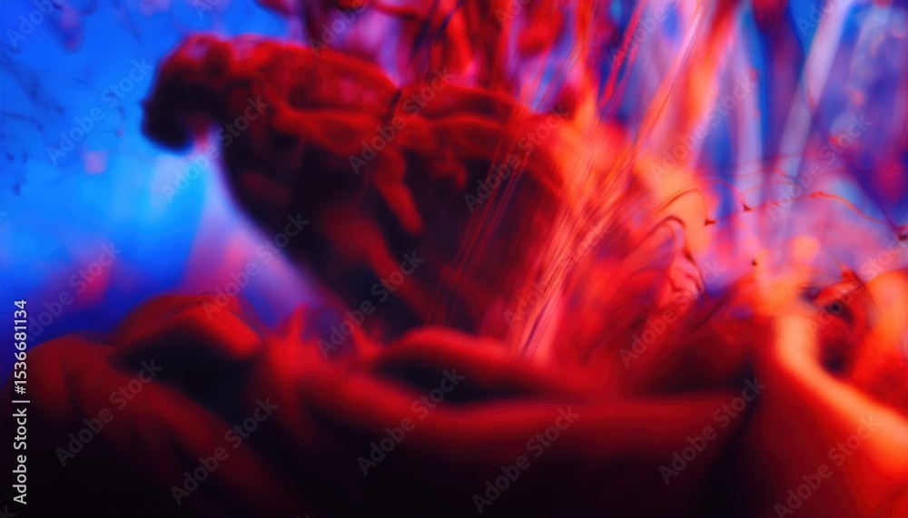 Fototapeta premium vibrant red ink swirling in blue liquid abstract background for web design, print media, and branding with fluid motion and dramatic color contrast