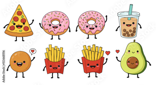 Set of smiling cartoon fast food characters. Kawaii pizza, donut, french fries, avocado, and drink mascots.