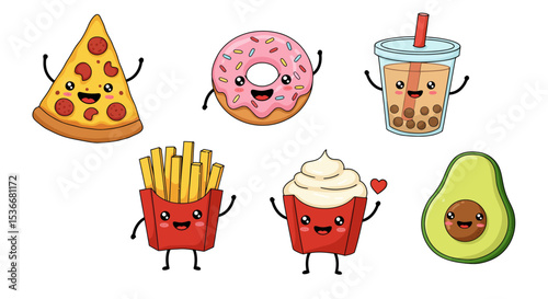 Set of smiling cartoon fast food characters. Kawaii pizza, donut, french fries, avocado, and drink mascots.