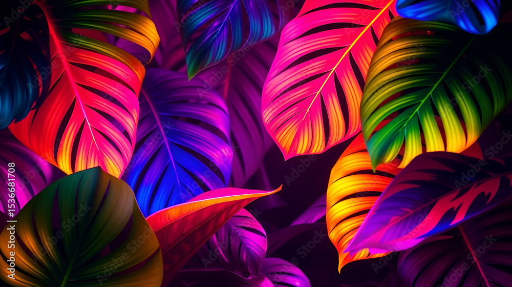 Vibrant tropical leaves illuminated in neon colors create a stunning background, perfect for summer and nature-themed designs. Vibrant tropical leaves illuminated in neon colors create a stunning background, perfect for summer and nature-themed designs.