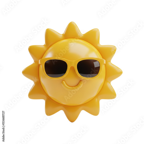 Sunny Sun Toy with Sunglasses Bright Yellow Cheerful Face Sitting Against White Background