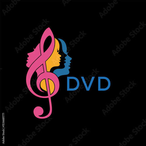 DVD Creative Feminine Music Logo, with Treble Clef and Colorful Female Silhouettes,  DVD Later Logo – Beauty and Art Concept.

