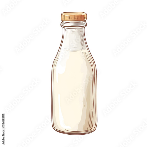 Glass Bottle of Milk, Dairy Product, Creamy Beverage, Vintage Style Illustration