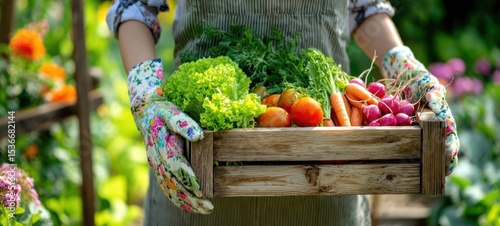 The gardener holding a wooden basket filled with fresh vegetables and greens.