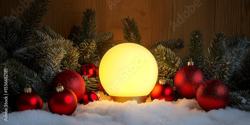 A Serene Winter Holiday Scene Featuring a Prominently Placed Lit Lamp Surrounded by Snow-Covered Pine Tree Branches And...