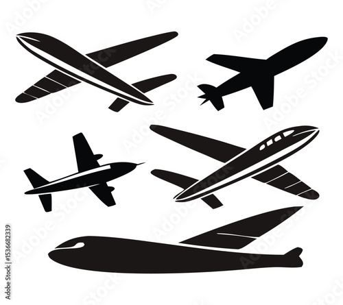 Vector Set of Airplane Icons and Silhouettes for Travel and Transportation Concepts On A White Background