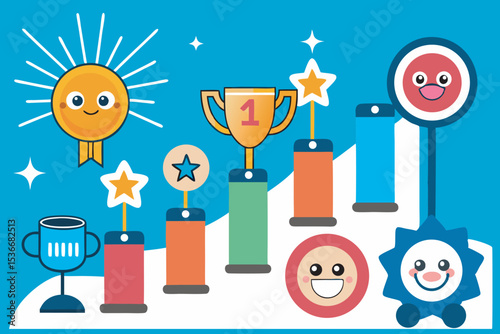 Adorable cartoon illustration of awards and achievements in a bright blue background color.
