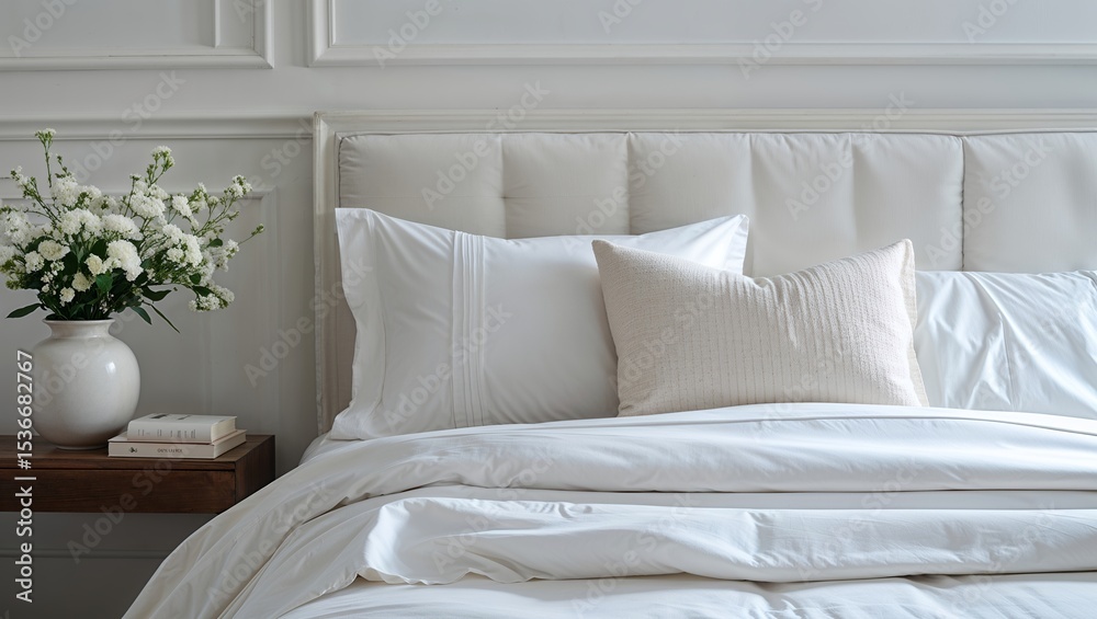 © Abstract - A neatly folded stack of fresh white sheets and pillowcases on a comfortable bed with a natural wood headboard, creating a clean, cozy, and relaxing bedroom scene