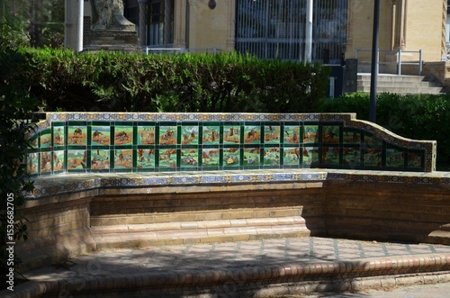 Bench with tiles dedicated to the work Don Quixote of La Mancha