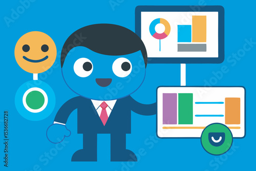  Business cartoon character presenting data analysis charts with optimistic sentiment