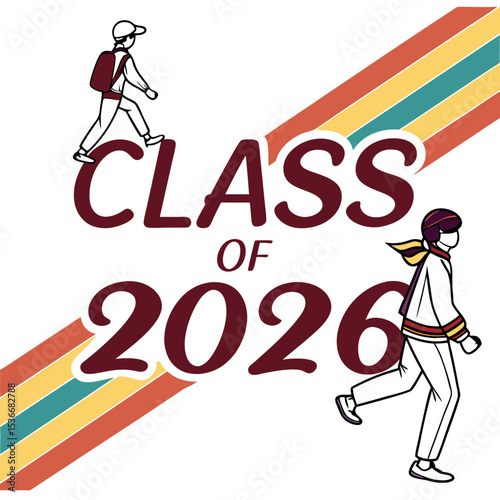 Class of 2026 retro graduation design students walking
