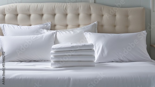 A neatly folded stack of fresh white sheets and pillowcases on a comfortable bed with a natural wood headboard, creating a clean, cozy, and relaxing bedroom scene