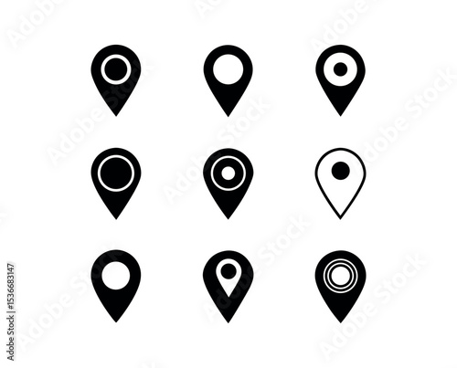 Nine location pin icons silhouette