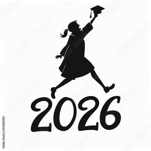 2026 graduate silhouette jumping with cap on white background