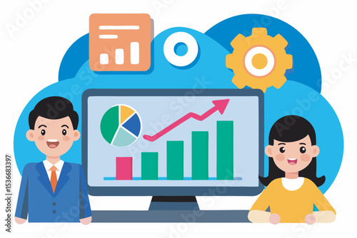 Business team analyzing growth charts and data on a computer screen for success
