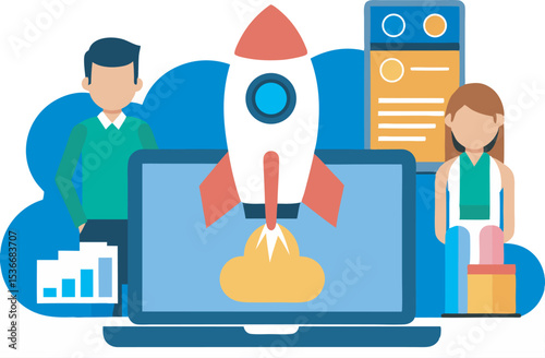 Business team celebrating successful startup launch with rocket and laptop concept
