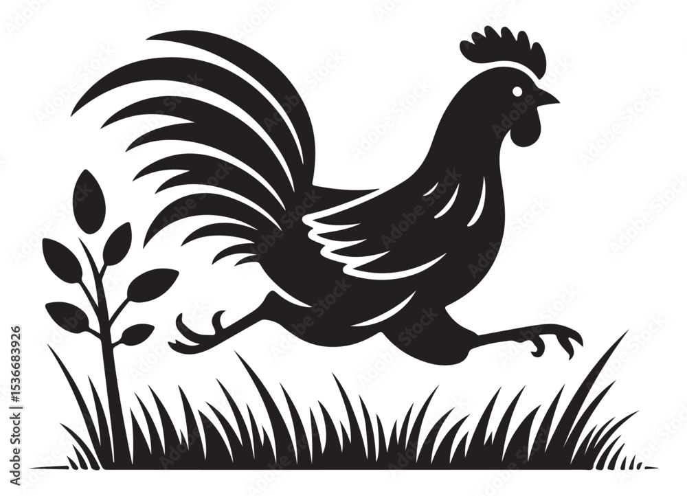 Fototapeta premium Black Rooster Silhouette Running Illustration for Farmhouse Decor Projects