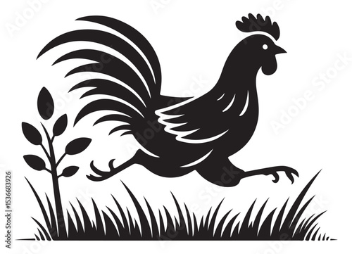 Black Rooster Silhouette Running Illustration for Farmhouse Decor Projects