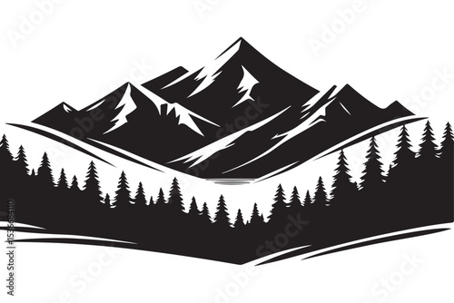 Majestic mountain range landscape with forest silhouette illustration vector